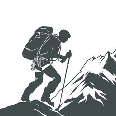 Fototapeta premium Vector silhouettes of climbers and mountains for illustrations and logos, especially in outdoor, adventure and nature themes. The design depicts the figure of a climber against an iconic mountain back