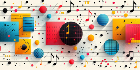 Harmonious back-to-school background, balanced geometric patterns and icons, music theory staves and clefs, melodic design