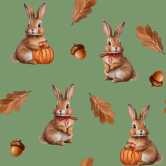 Watercolor Seamless Halloween Pattern featuring a cute bunny, acorn, pumpkin, rosehip, and bow. This whimsical fall design is perfect for children’s rooms, clothing, fabric prints, nursery decor, and 