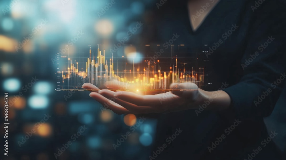 Poster a person holds a digital interface displaying vibrant data analysis in a futuristic urban setting at