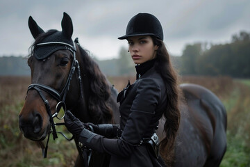 Obraz premium Equestrian sports training, young person learn to ride horse, pure breed animal Generative AI