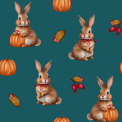 Watercolor Seamless Halloween Pattern with Bunny, Acorn, Pumpkin, Rosehip, and Bow – Whimsical Fall Design