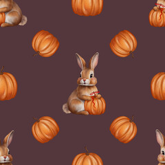 Watercolor Seamless Halloween Pattern with Bunny, Acorn, Pumpkin, Rosehip, and Bow – Whimsical Fall Design