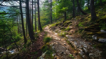 Obraz premium A forested mountain biking route with a mix of smooth and rocky trails, featuring technical descents and tight corners