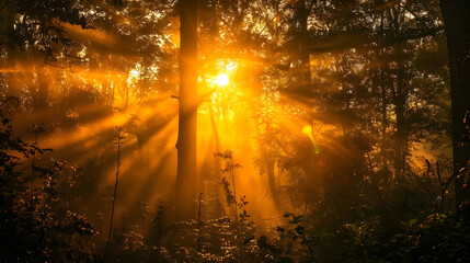 Fototapeta premium Golden Sunlight Through Trees in a Misty Forest