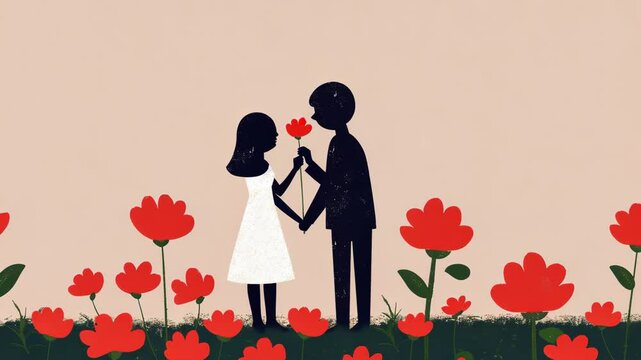 Romantic Couple Holding Hands in Flower Field, Silhouette Illustration, Love and Relationship Art, Romantic Gesture with Red Flowers, Minimalist Design, Springtime Scene, Lovers in Blossom Garden