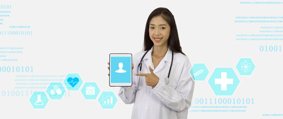 Female doctor in a white lab coat pointing at tablet computer with user login page display on screen. Concept and idea for healthcare technology, innovation medicine, science and research.
