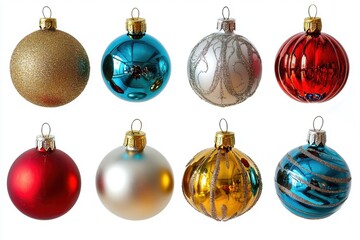 Eight Christmas Ornaments Isolated on White Background.