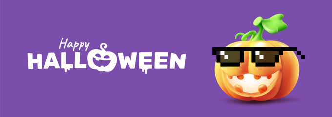 Vector happy halloween holiday illustration of cute pumpkin character with glow scary face. 3d style realistic design of halloween carved smile orange pumpkin monster in sunglasses and word