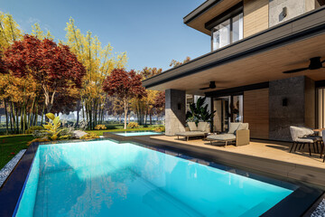 3d rendering of modern two story house with gray and wood accents, large windows, parking space in the right side of the building, surrounded by trees and bushes, daylight in autumn day