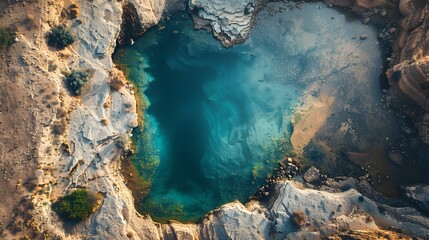 A blue hole in the ground with a rocky shoreline 