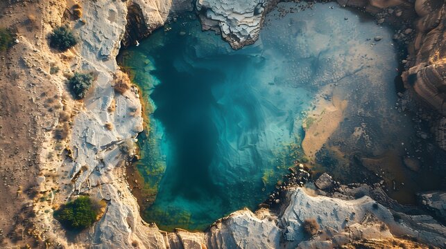 A blue hole in the ground with a rocky shoreline - Powered by Adobe