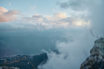 Scenic view of the Aegean Sea and clouds from the summit of a mountain in picturesque Greece