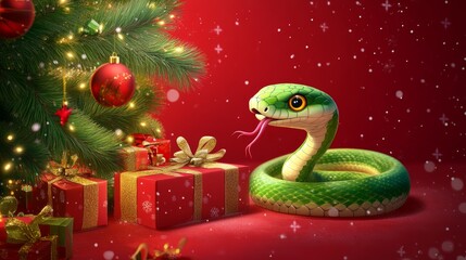 Fototapeta premium Fantasy Cute Green Snake with Red Santa Hat Wrapped Around Christmas Tree Branch