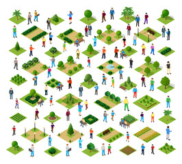 People spending time in a green city park isometric illustration