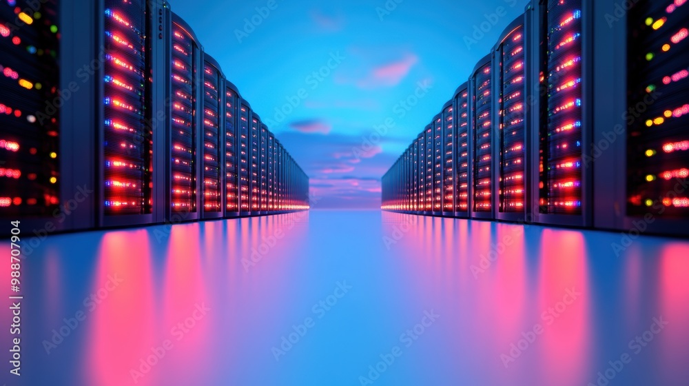Poster rows of server racks glowing with light in a modern and highly secure data center.