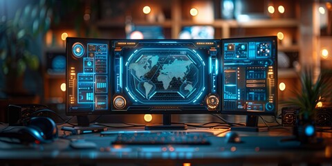 Futuristic computer setup with multiple monitors displaying digital maps and data interfaces in a dimly lit room