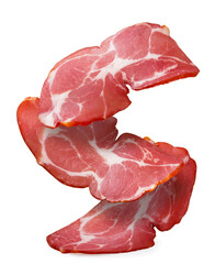 Pieces of smoked pork neck falling close-up on white. Isolated