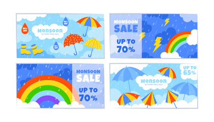 Naklejka premium Happy rain background. Rainy season. Monsoon or rainbow. Clouds with lightnings. Water drops. Storm umbrella. Abstract business design about sale. Autumn and spring discount. Vector garish banners set
