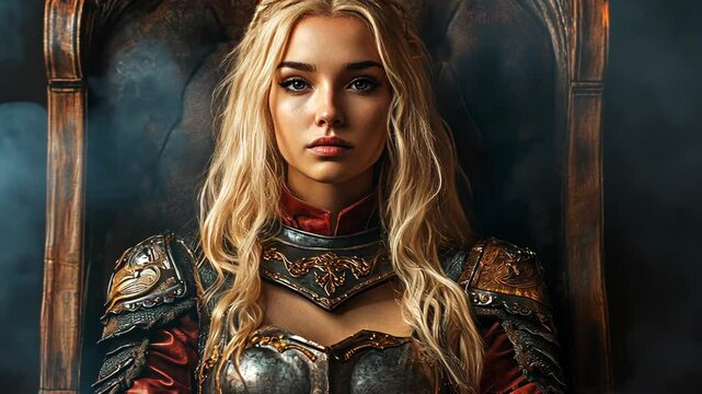 A woman in armor sits on a throne with a serious expression on her face