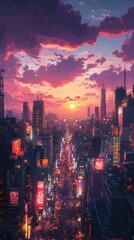 Fototapeta premium A Cityscape at Sunset with Crowds on a Street Below