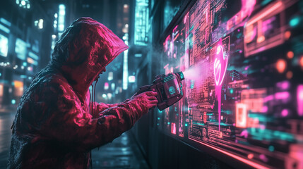 Fototapeta premium Hooded Cyberpunk Graffiti Artist Using A High-Tech Spray Can In A Neon-Drenched Futuristic City