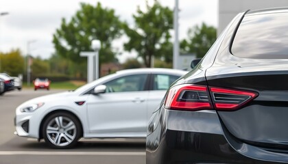 Car parked at outdoor parking lot. Used car for sale and rental service. Car insurance background. Automobile parking area. Car dealership and dealer agent concept. Automotive industry. Electric auto
