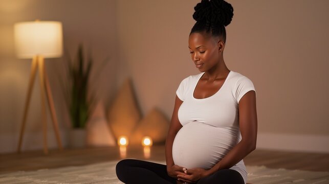 Pregnant woman doing prenatal yoga in a peaceful, softly lit home environment