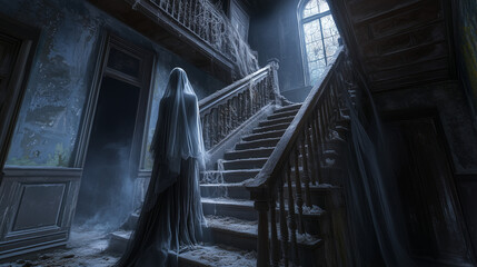 Spectral Bride in a Vintage Veil on a Dilapidated Victorian Home Staircase Creating a Sinister and Ghostly Halloween Atmosphere