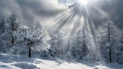 Fototapeta premium Sun Rays Illuminating a Snowy Forest in Winter