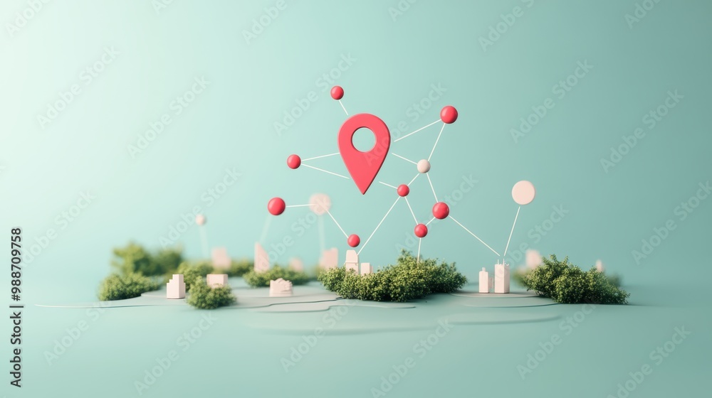 Poster a map with icons representing different locations, each connected to a central hub, demonstrating th