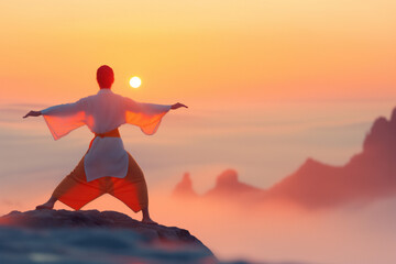 Fototapeta premium Woman practicing inner harmony at sunrise on a tranquil mountain peak, tai chi exercises