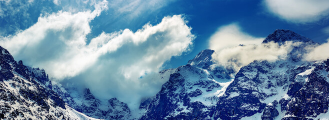 Mountain peaks near Morskie Oko or Sea Eye Lake in Poland at Winter. Tatras range