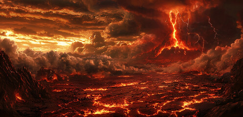 Red Hell The ground cracked red, there was fog above, red clouds, lightning flashed in the distance, there was a red volcano covered in dust and explosions