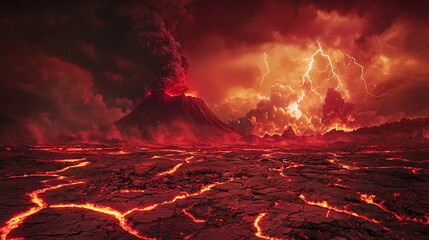 Red Hell The ground cracked red, there was fog above, red clouds, lightning flashed in the distance, there was a red volcano covered in dust and explosions