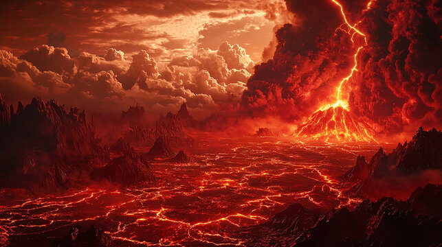 Red Hell The ground cracked red, there was fog above, red clouds, lightning flashed in the distance, there was a red volcano covered in dust and explosions