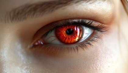 Fototapeta premium Close-Up of a Person's Eye with Glowing Red Iris and Reflections