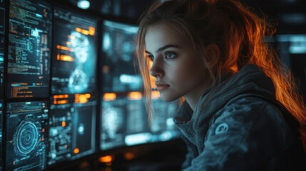 Woman with glasses looking at digital data on screens, illuminated by glowing blue and orange lights, in a high-tech workspace, symbolizing focus on programming and cybersecurity