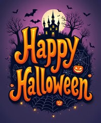 Happy Halloween Greeting Card with Haunted House and Bats