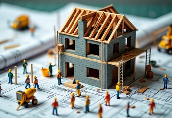 Miniature Construction Workers Building a House on Blueprint.