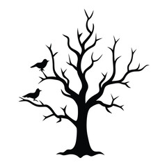 Fototapeta premium a black and white silhouette of a tree with no leaves. The tree has a bare trunk and branches that are twisted and gnarled. On the branch, there are two crows perched on it 
