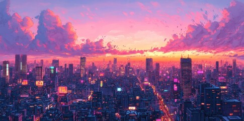 Fototapeta premium Cityscape with Pink Sunset and Clouds
