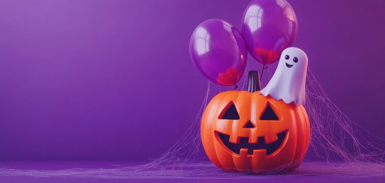 Halloween pumpkin with ghost and balloons, purple background. - Powered by Adobe