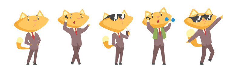 Ginger Cat Businessman Character in Formal Suit and Tie Vector Set