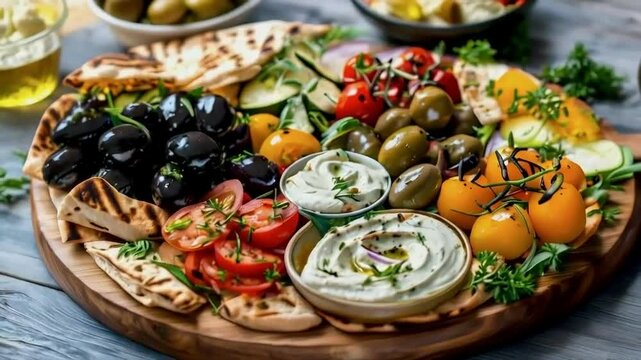 A Delicious Mediterranean Platter with Grilled Pita Bread, Tomatoes, Olives, and Creamy Dip