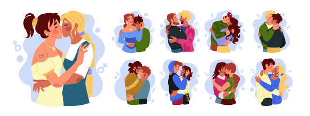 Couple kiss. Girl lesbian love. Guy romantic, sexy person, romance lips. Relationship passion boyfriend and girlfriend. Hug partner character. Cartoon flat style isolated illustration. Vector tidy set