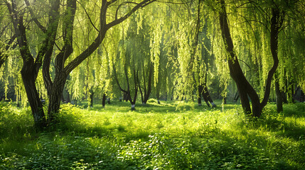 Fototapeta premium Sun Dappled Forest: Weeping Willow Trees in a Lush Meadow