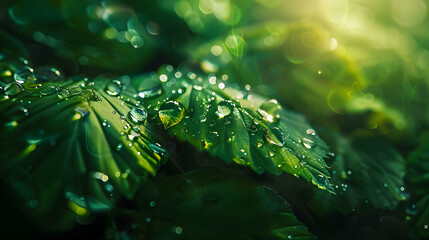 Fototapeta premium Water Drops on Green Leaves: A Close-Up Macro Photography