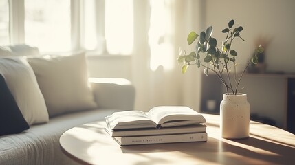 Cozy reading nook with an open book and a potted plant in soft sunlight, creating a tranquil atmosphere for relaxation