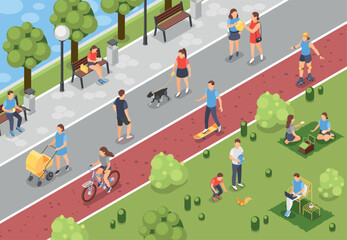 Isometric city park activities. People walking outdoor, riding bicycle, reading on bench and having picnic. Weekend recreation, flawless vector scene